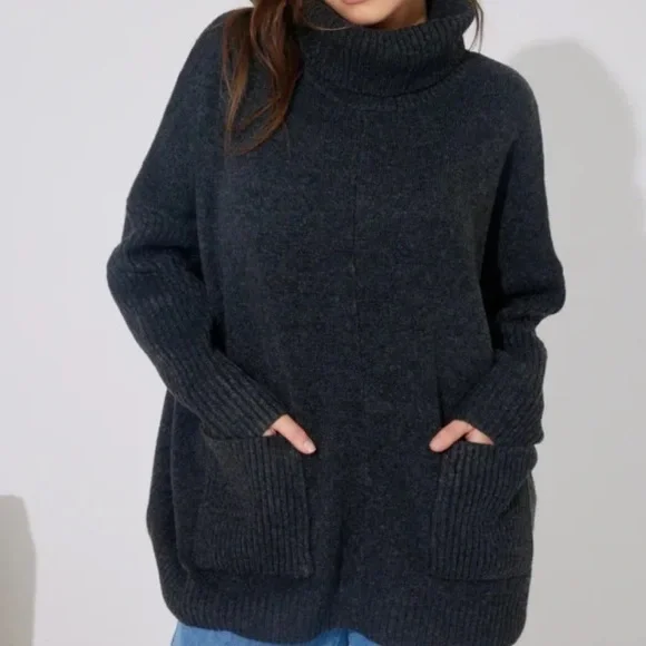 Soft Surroundings Heathered Wool Blue Turtleneck Tunic Sweater Pockets Relaxed S - Picture 2 of 9